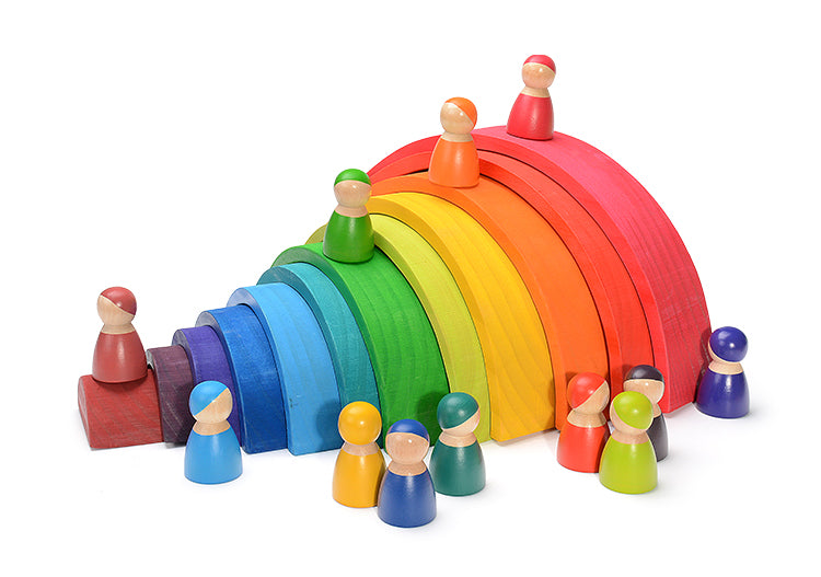 **Pre-order (Ships in 2-3 Weeks)**12-Piece Rainbow Wooden Peg Dolls – Primary Color