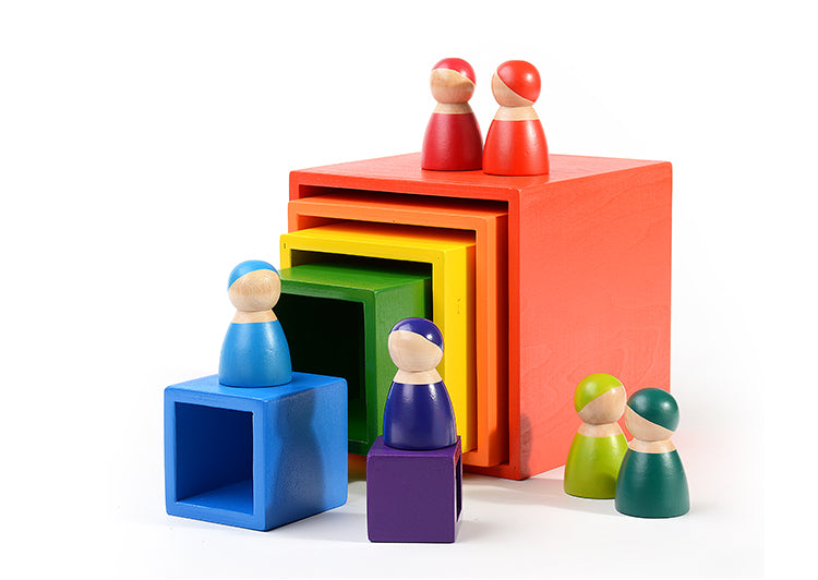 **Pre-order (Ships in 2-3 Weeks)**12-Piece Rainbow Wooden Peg Dolls – Primary Color