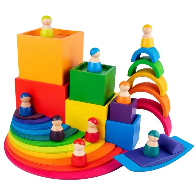 **Pre-order (Ships in 2-3 Weeks)**12-Piece Rainbow Wooden Peg Dolls – Primary Color