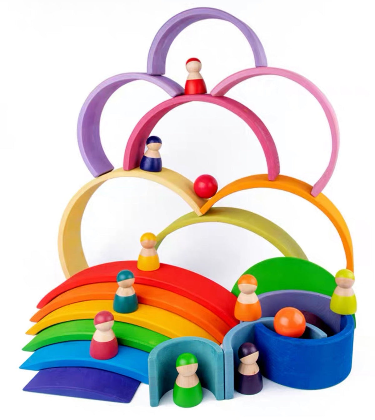 **Pre-order (Ships in 2-3 Weeks)**12-Piece Rainbow Wooden Peg Dolls – Primary Color
