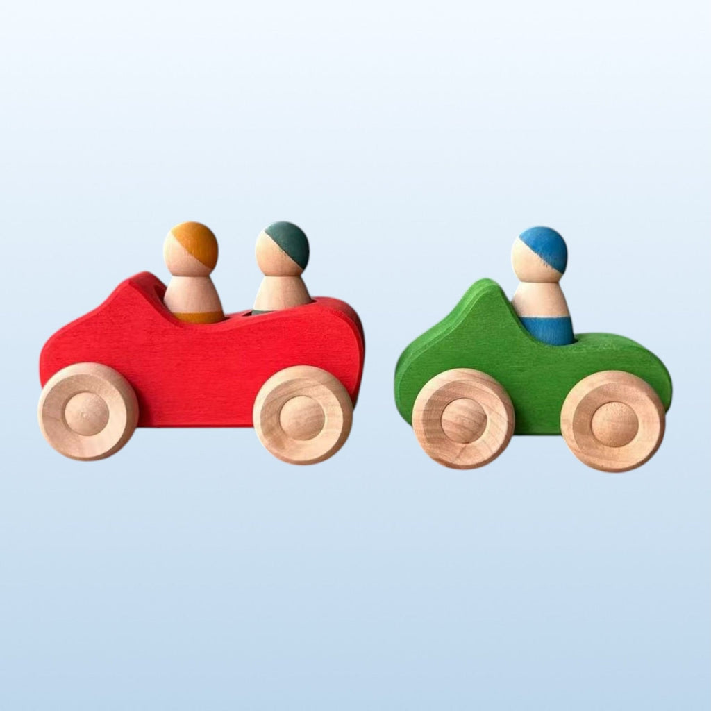 7-Piece Wooden Rainbow Cars Set with 3 Peg Dolls | Stained Basswood or Painted Beechwood