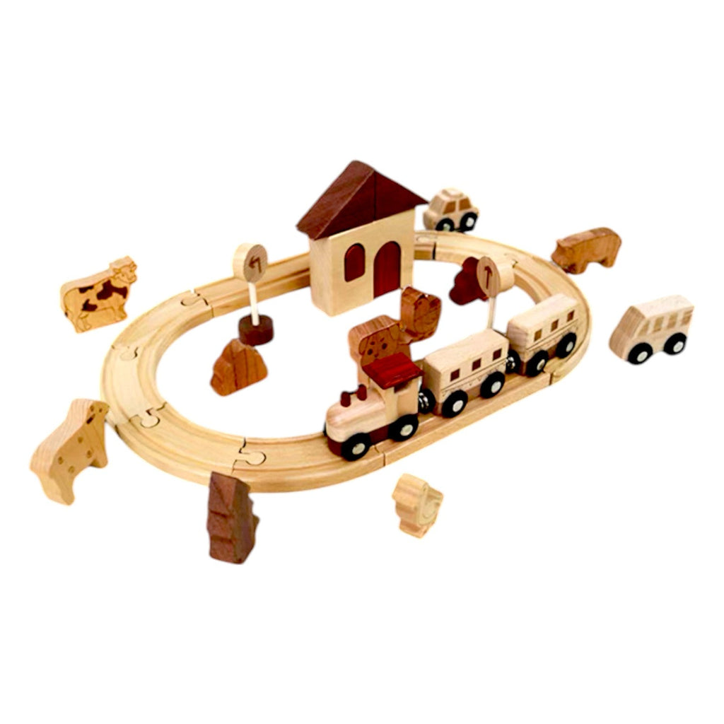 Wooden Farm Train Track Play Set – 32-Piece Natural Solid Wood Toy