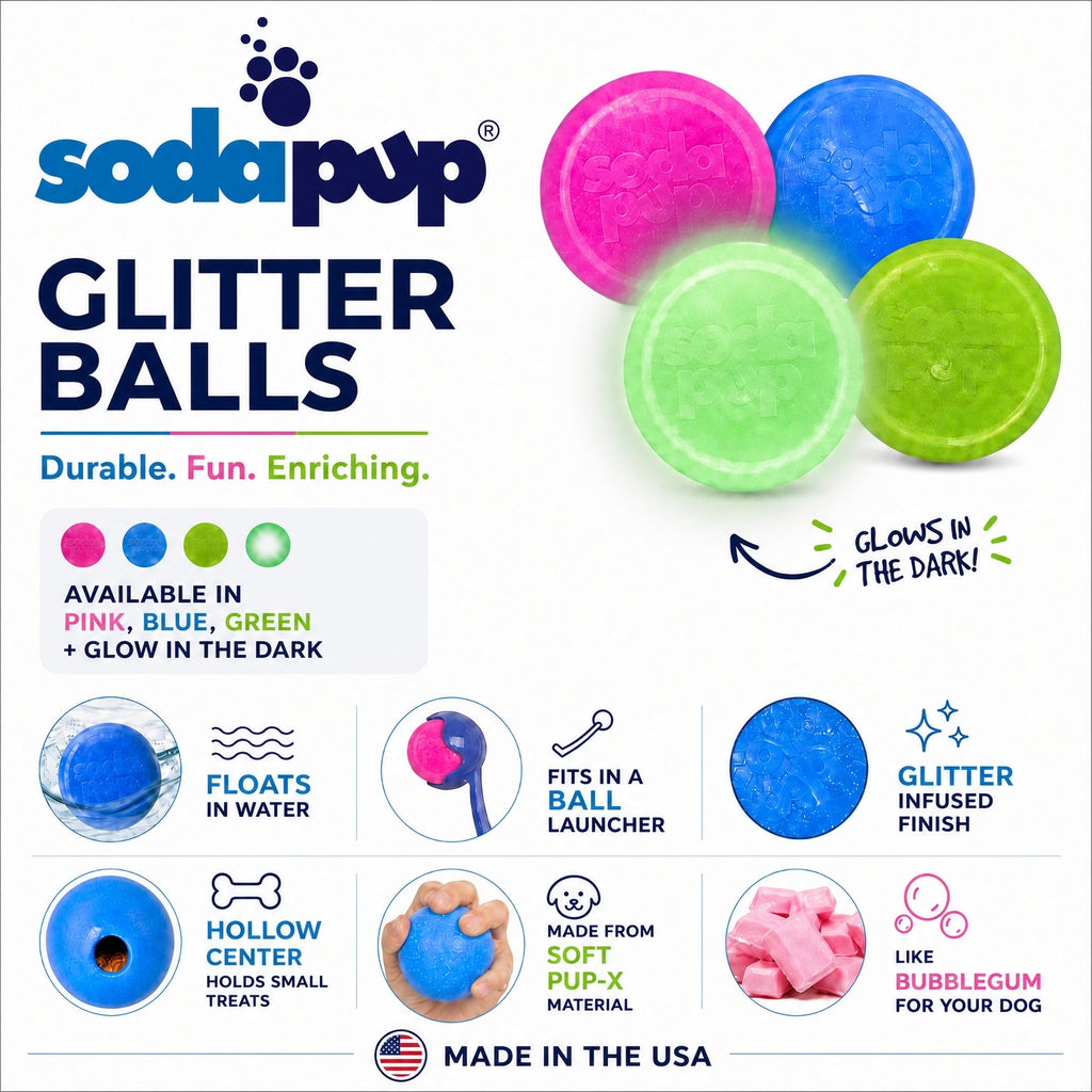 Glow in the Dark Glitter Ball 2-Pack Dog Toy | Soft PUP-X Rubber Floating Fetch Ball with Treat Dispenser | USA Made