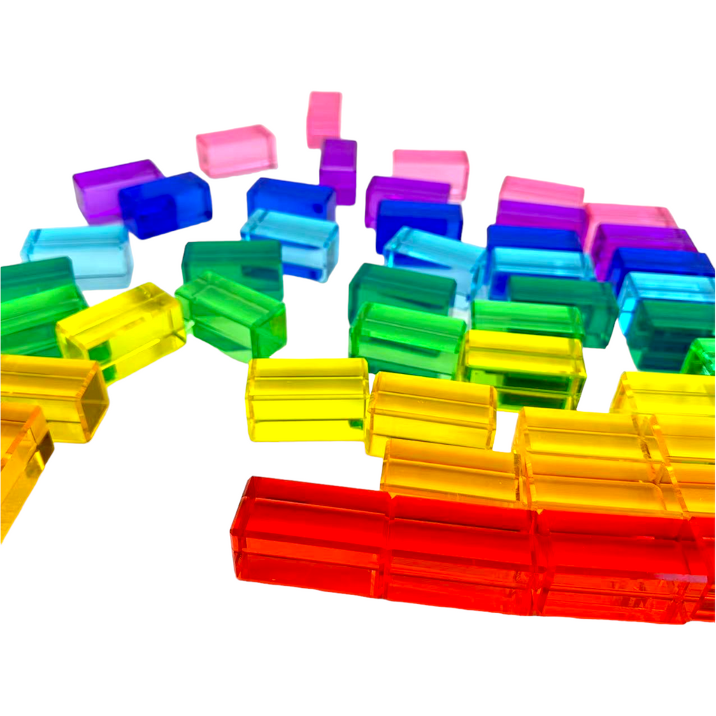 50 Pcs Rainbow Crystal Clear Translucent Rectangular Lucite Building Blocks Set with Storage Tray