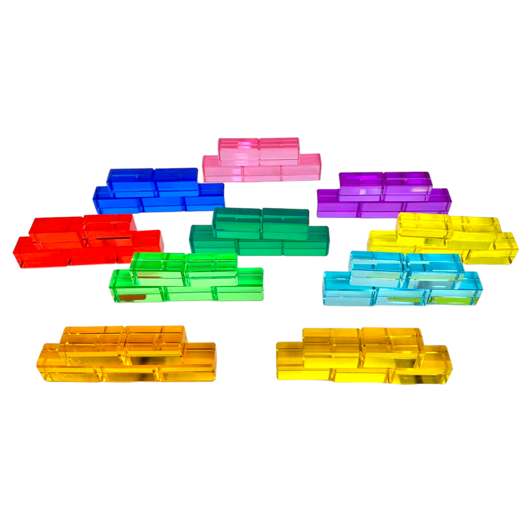 50 Pcs Rainbow Crystal Clear Translucent Rectangular Lucite Building Blocks Set with Storage Tray