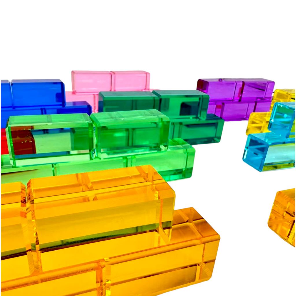 50 Pcs Rainbow Crystal Clear Translucent Rectangular Lucite Building Blocks Set with Storage Tray