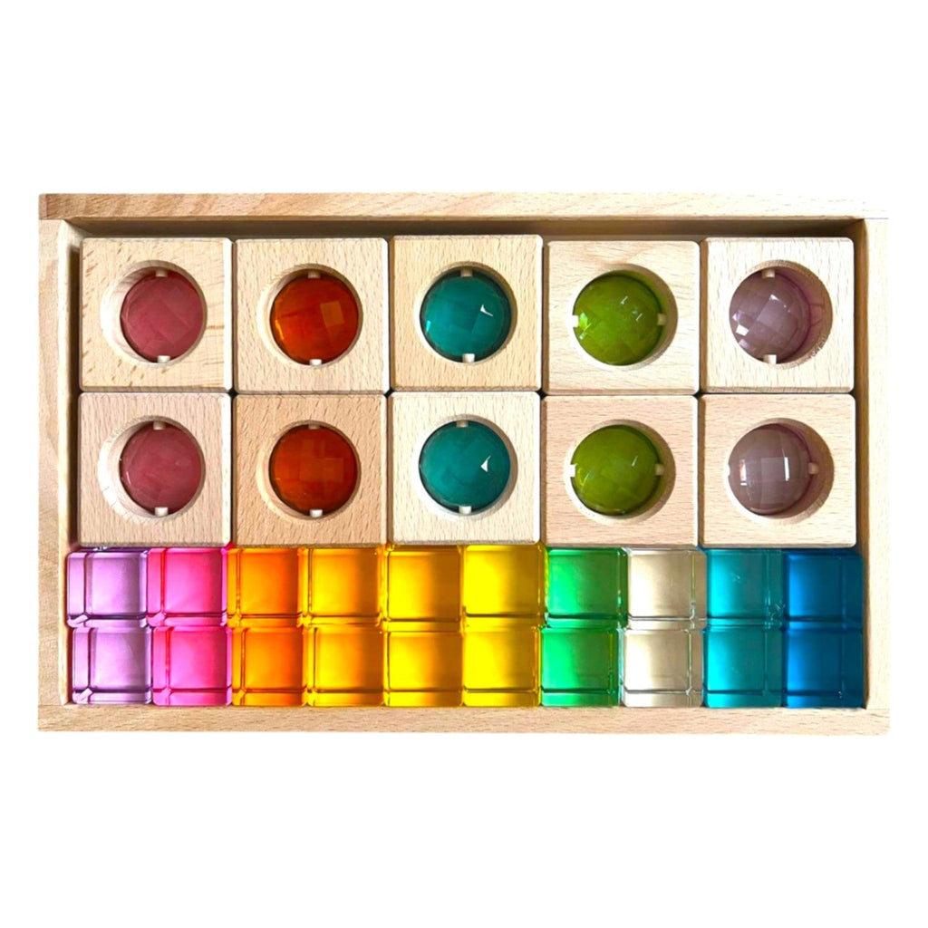30-Piece Pastel Gemmed Translucent Blocks & Lucite Cubes Set with Storage Tray