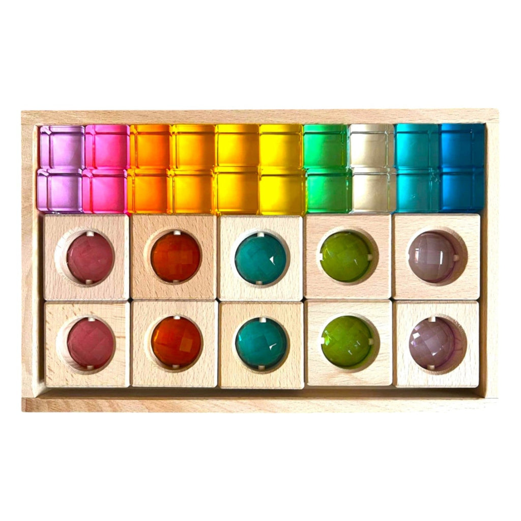30-Piece Pastel Gemmed Translucent Blocks & Lucite Cubes Set with Storage Tray