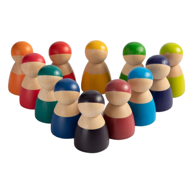 **Pre-order (Ships in 2-3 Weeks)**12-Piece Rainbow Wooden Peg Dolls – Primary Color