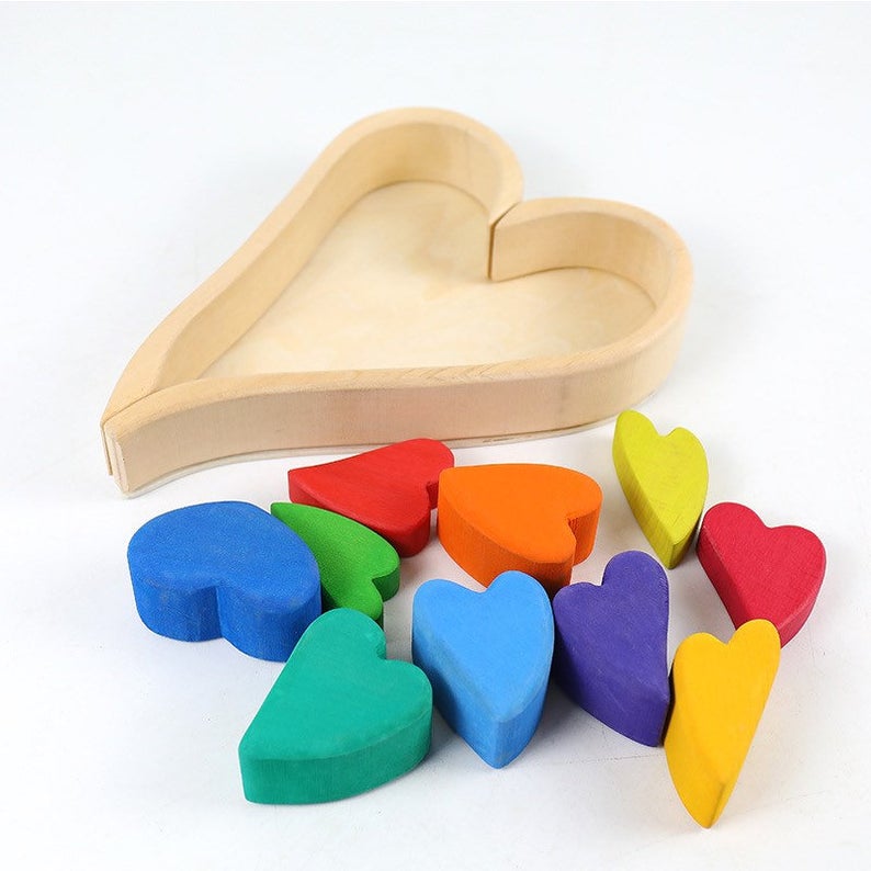 10-Piece Stained Wooden Rainbow Heart Stacking Puzzle Blocks