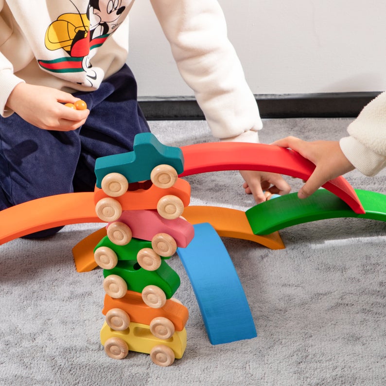 6-Piece Basswood Rainbow Bridge Building Blocks| Painted & Hand-Stained