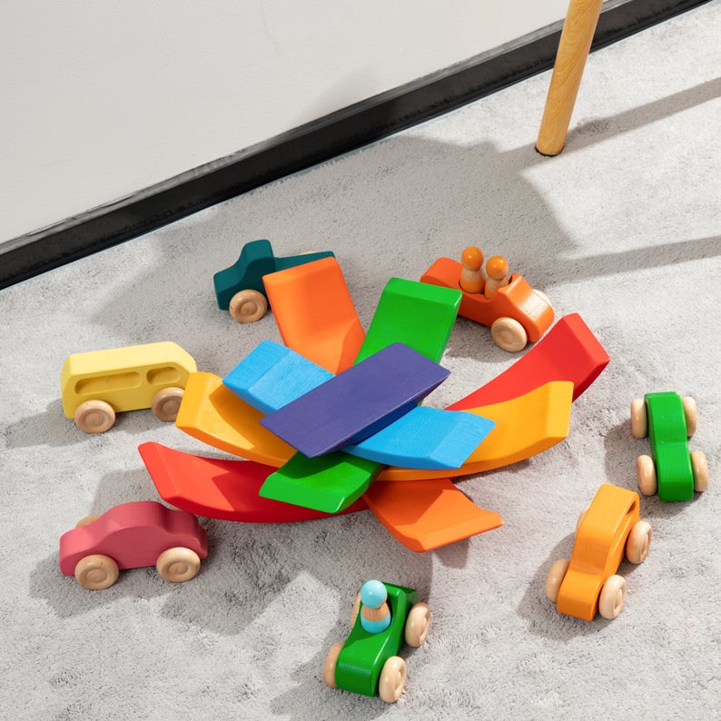 6-Piece Basswood Rainbow Bridge Building Blocks| Painted & Hand-Stained