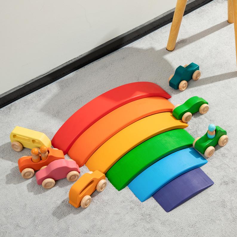 6-Piece Basswood Rainbow Bridge Building Blocks| Painted & Hand-Stained